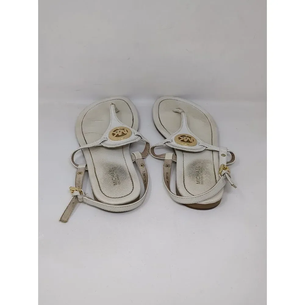 Michael‎ Kors Thong Sandals Leather Flat Big MK Logo Leather White Women's 7.5 M